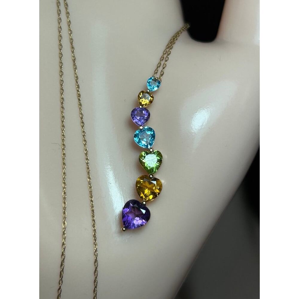 10k solid yellow gold heart multicolored gemstone journey pendant necklace 18”